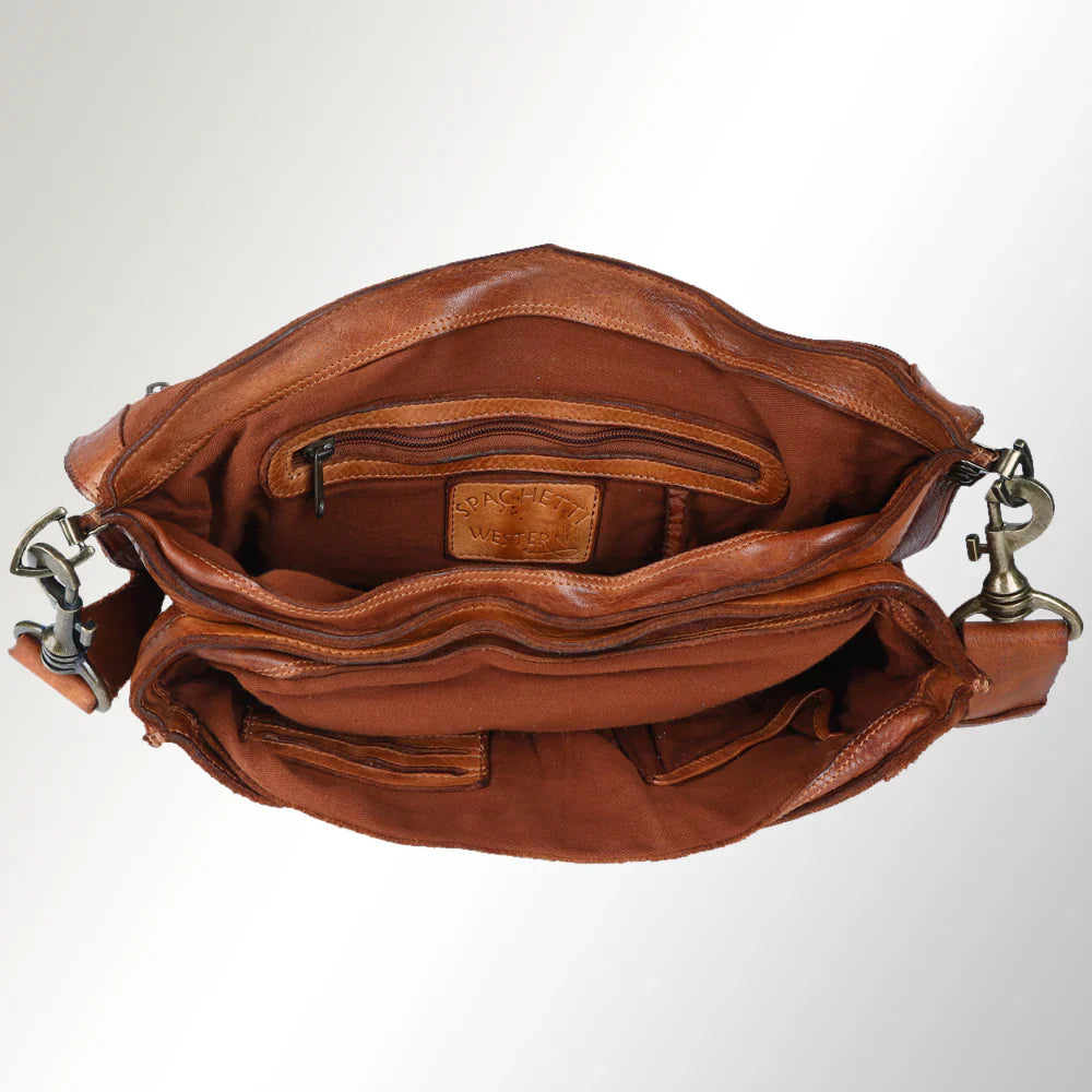 Spaghetti Western Crossbody Messenger Bag SWC171TAN in premium leather with interior compartments.