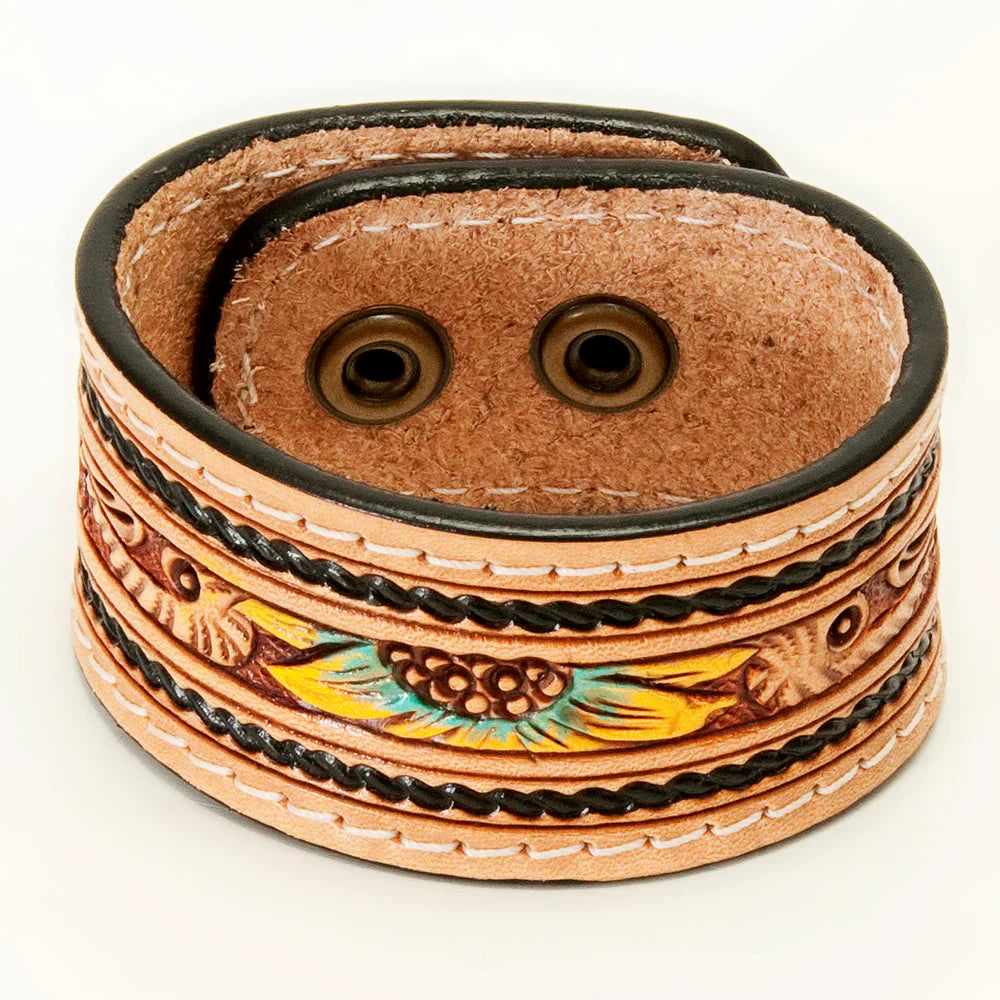American Darling Bracelet ADBRF152 tan leather cuff with hand-tooled sunflower and black braided edges
