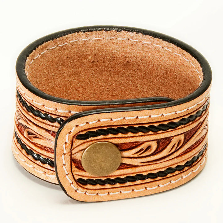 American Darling Bracelet ADBRF152 hand-tooled leather cuff with sunflower motif and black braided border