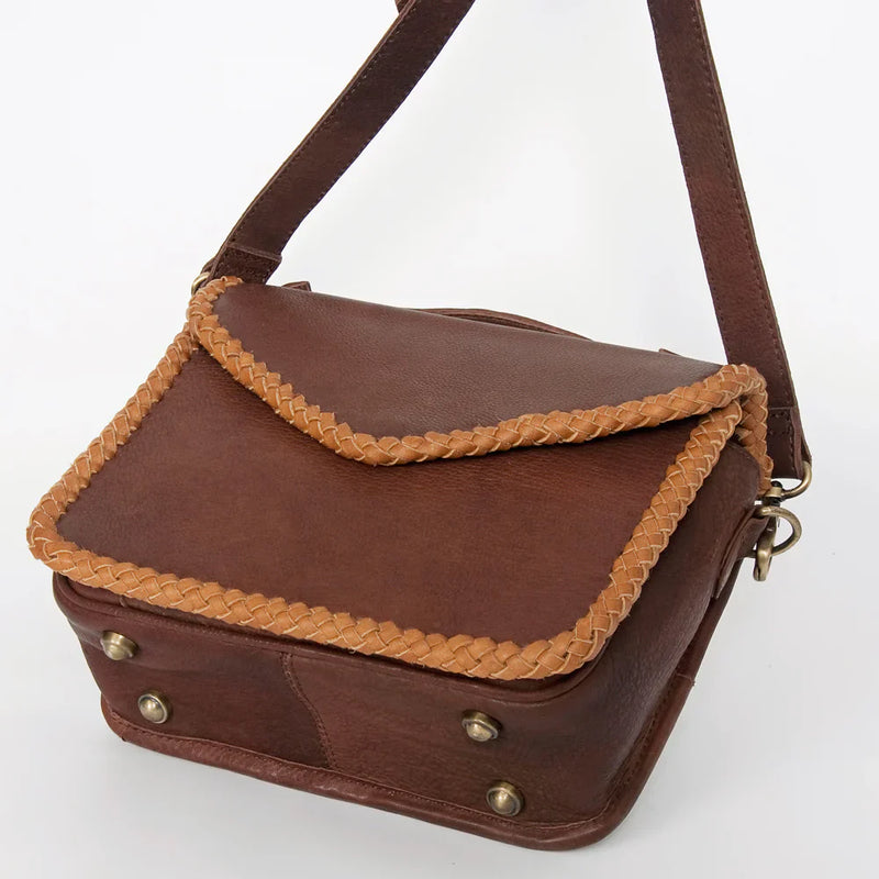 American Darling Small Crossbody messenger bag in brown genuine full grain leather with braided trim and adjustable shoulder strap