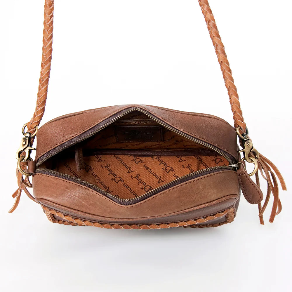 American Darling Small Crossbody Messenger Bag with braided leather and adjustable strap.