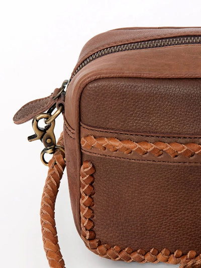 American Darling small crossbody messenger bag, genuine full grain leather with adjustable strap and detailed braiding.