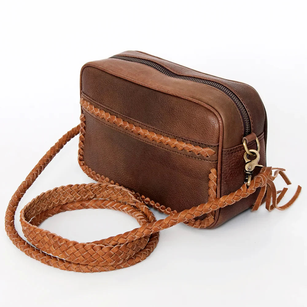 American Darling small crossbody messenger bag with genuine leather and braided strap.
