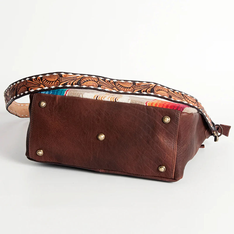 American Darling Crossbody Messenger Bag ADBGA185 with hand tooled leather and woven wool saddle blanket.