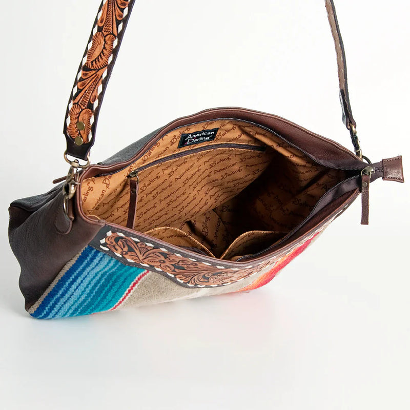 American Darling Crossbody Messenger Bag ADBGA185 with hand tooled leather and wool saddle blanket design.