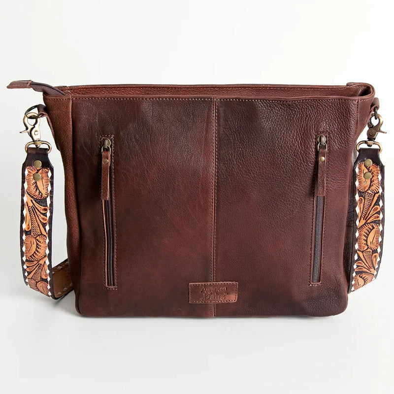 American Darling Retired Crossbody Messenger Bag ADBGA185 with hand tooled leather and wool saddle blanket detailing.