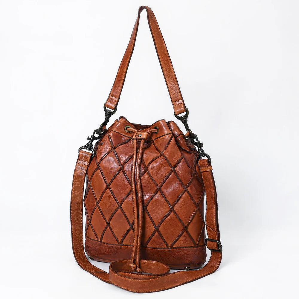 Spaghetti Western Hobo Handbag SWC177CG, handmade leather bucket bag with diamond pattern design.