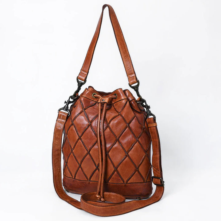 Spaghetti Western Hobo Handbag SWC177CG, handmade leather bucket bag with diamond pattern design.