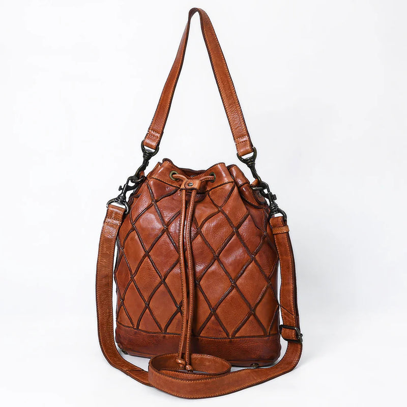 Spaghetti Western Hobo Handbag SWC177CG, handmade leather bucket bag with diamond pattern design.