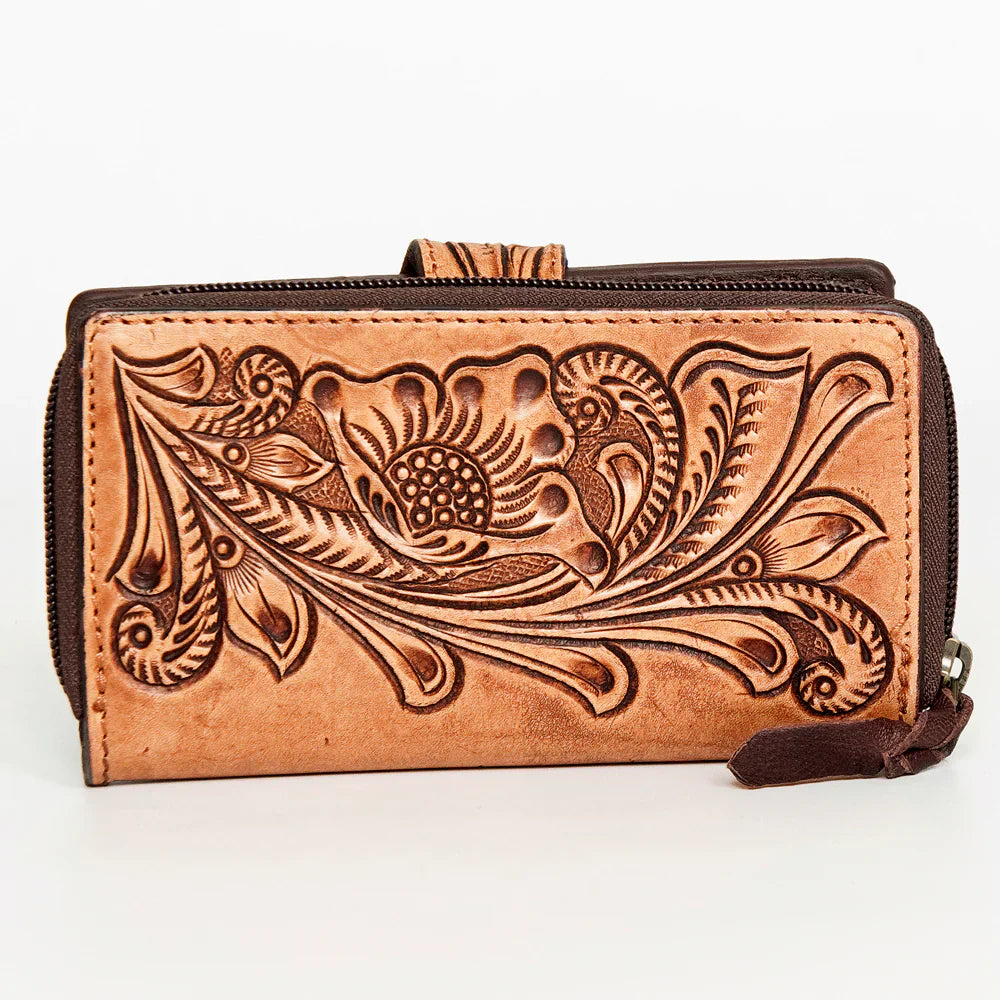 American Darling Wallet ADBGZ469 hand tooled full grain leather with floral carving and YKK zipper closure