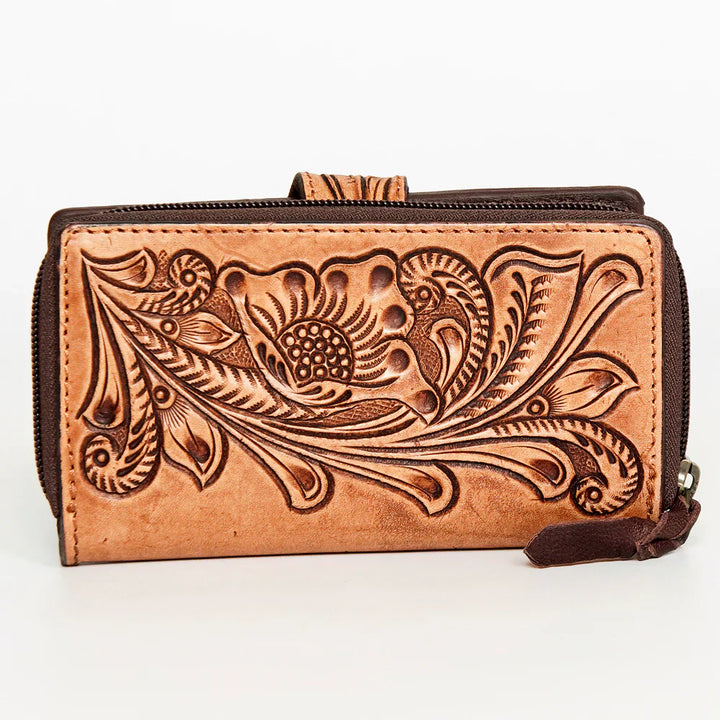 American Darling Wallet ADBGZ469 hand tooled full grain leather with floral carving and YKK zipper closure