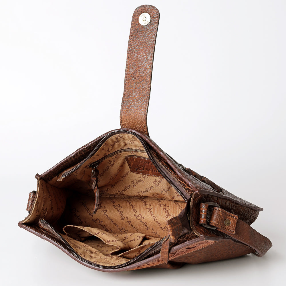 American Darling Crossbody Bag ADBGZ426C handcrafted full grain American cowhide leather with antique finish and adjustable strap, open view showing branded interior lining and secure zipper pockets.