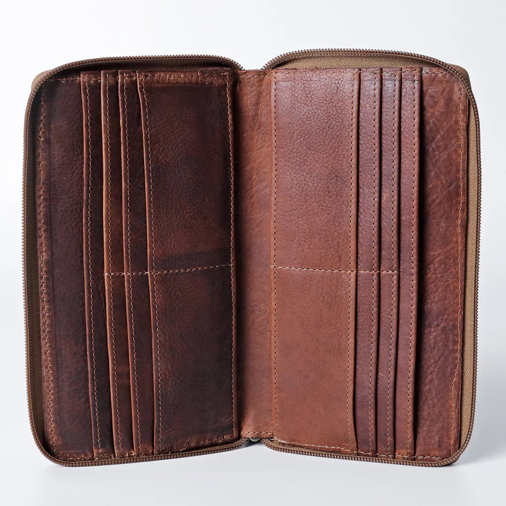 American Darling Wallet ADBGZ448B handcrafted full grain leather with YKK zipper, 4.5x9 inches