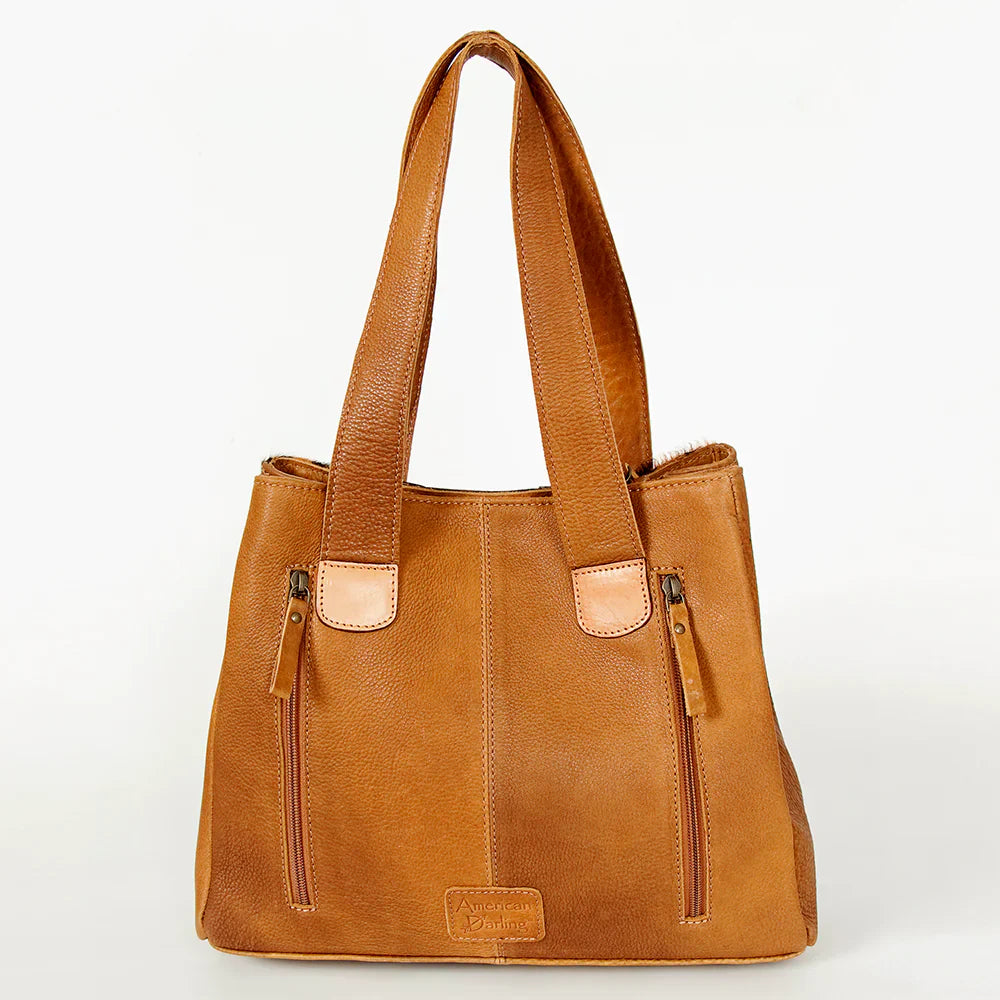 American Darling Tote Handbag ADBGA210A full grain leather brown with adjustable shoulder strap and zipper pockets