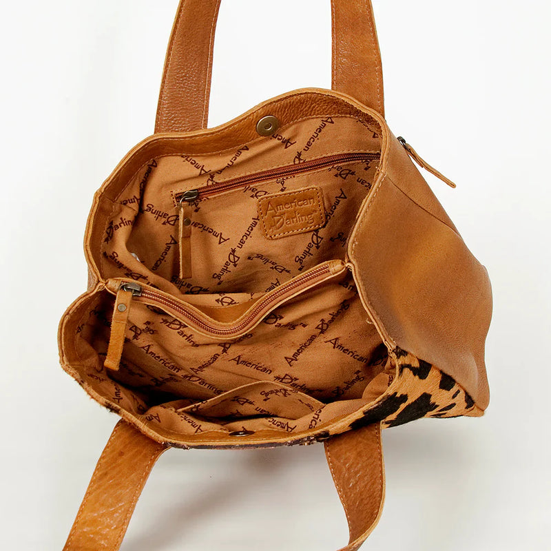 American Darling Tote Handbag ADBGA210A open view showing genuine full grain leather and cheetah print interior lining