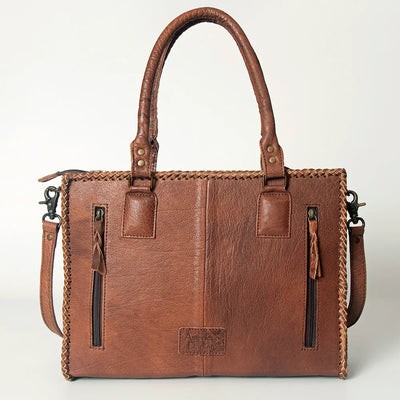 American Darling Tote Handbag ADBGS118BRAH brown leather Western cowhide tote with braided edges and dual carry straps
