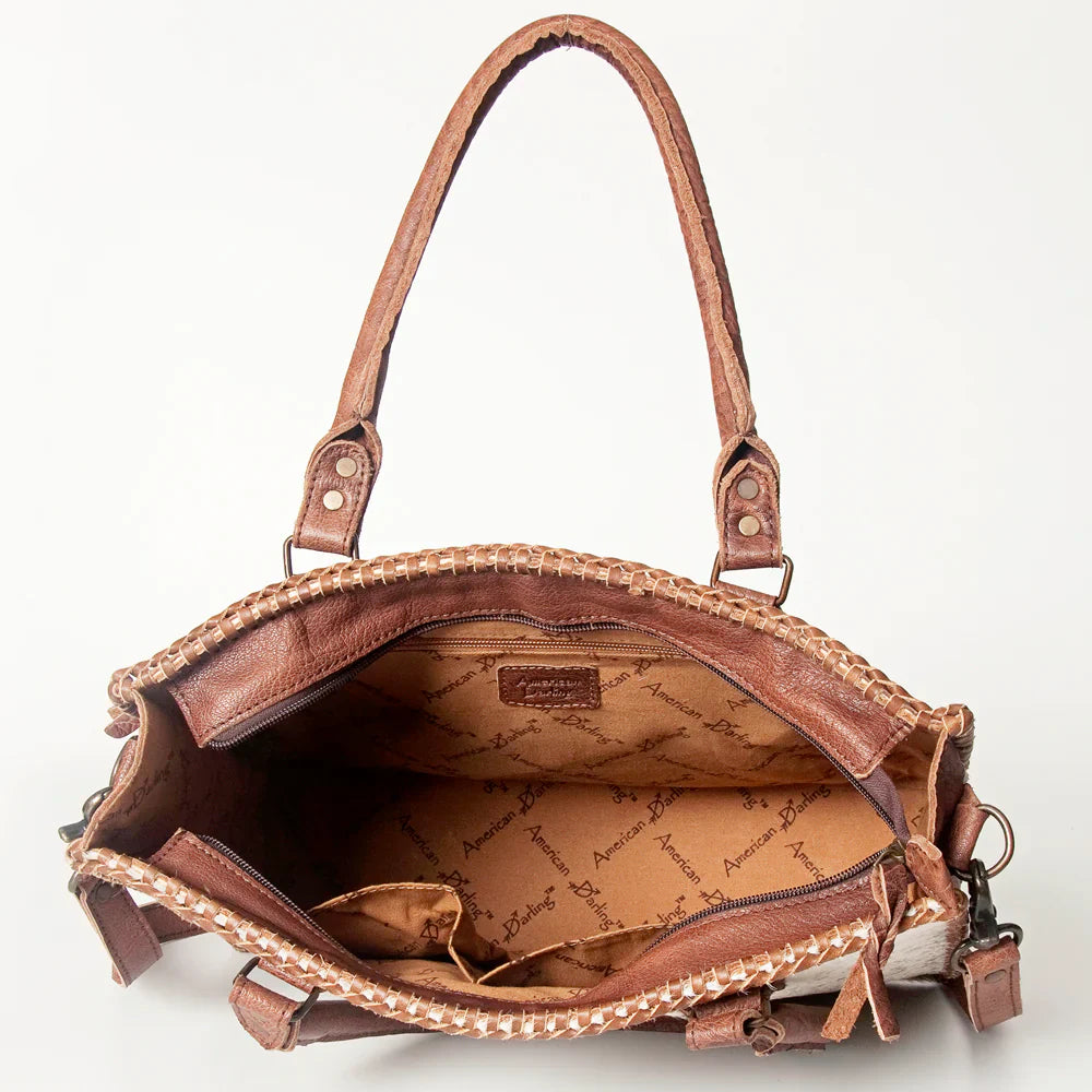 American Darling Tote Handbag ADBGS118BRAH genuine cowhide leather with braided whipstitch detailing and removable shoulder strap interior view