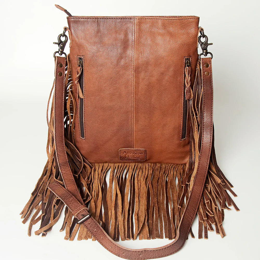 American Darling Large Crossbody Messenger Bag ADBG719E with hand-tooled leather, western fringes, and adjustable strap.