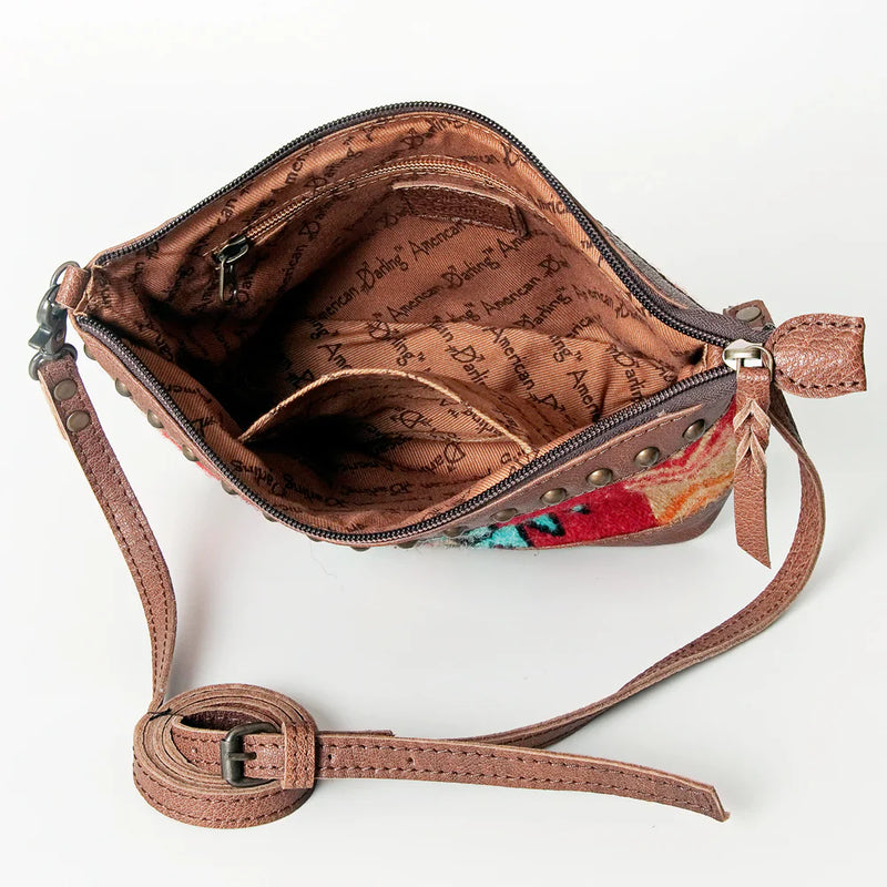 American Darling Crossbody Bag ADBG783B with handwoven wool saddle blanket, full grain leather, adjustable strap, antique metal fittings, YKK zipper, rivets, and crystals