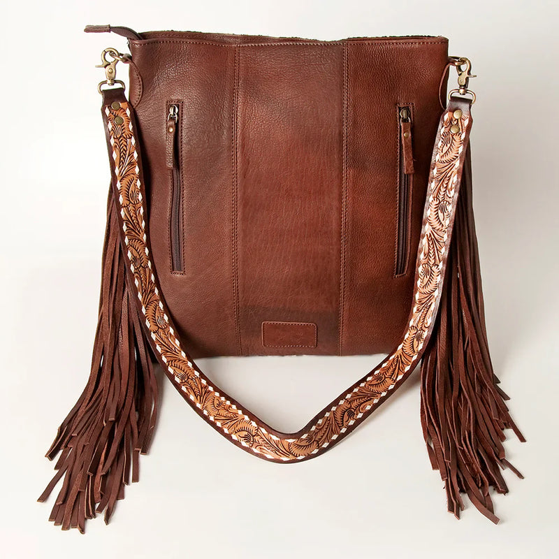 American Darling Crossbody Messenger Bag ADBGA218A in brown full grain leather with hand painted details, fringes, and adjustable tooled leather strap