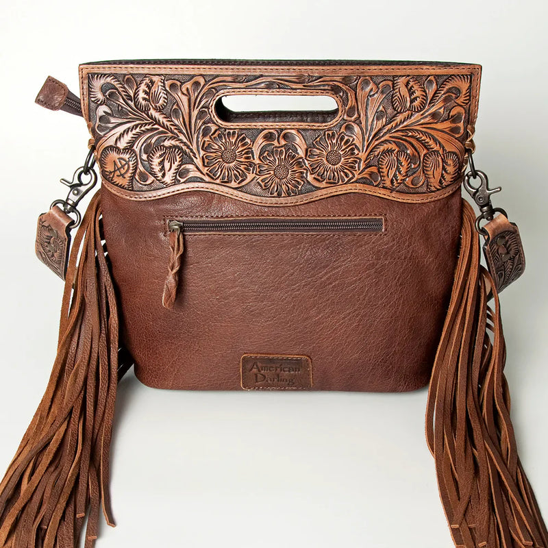 American Darling Clutch Handbag ADBGS146AA handcrafted vegetable tanned cowhide leather with carved floral design and leather fringes