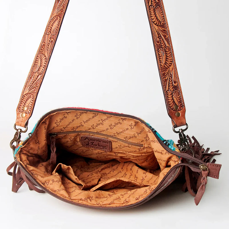 American Darling Crossbody Messenger Bag ADBGZ581 with hand tooled leather strap, wool saddle blanket accent, and spacious interior with zipper closure