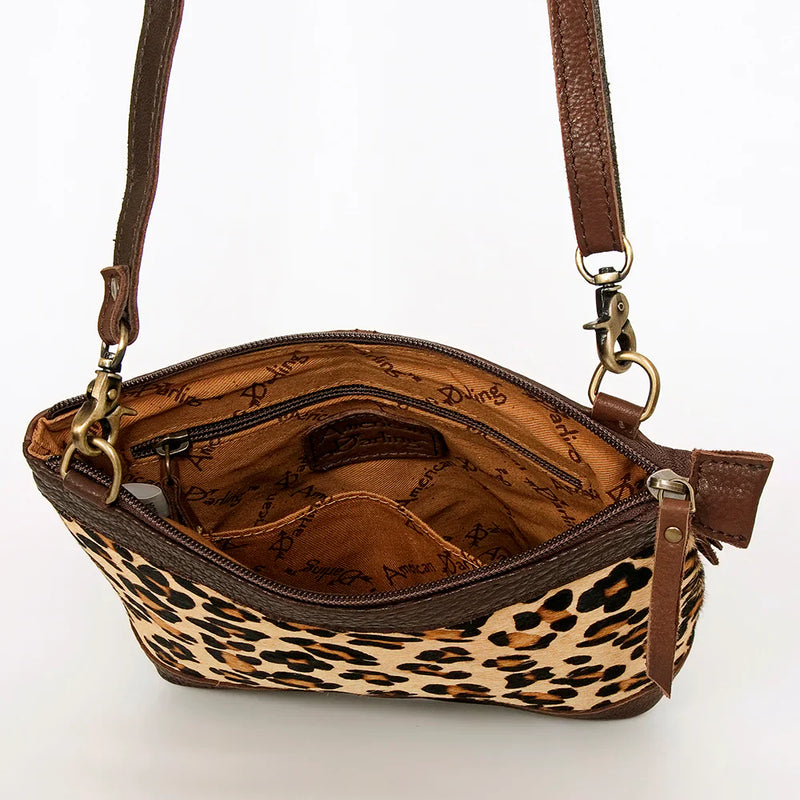 American Darling Large Crossbody Bag ADBGA236J in genuine full grain leather with cheetah print cowhide and antique metal fittings