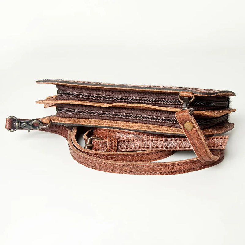 American Darling Crossbody Bag ADBG806 made of hand-tooled full grain cowhide leather with adjustable strap and durable YKK zipper closures.