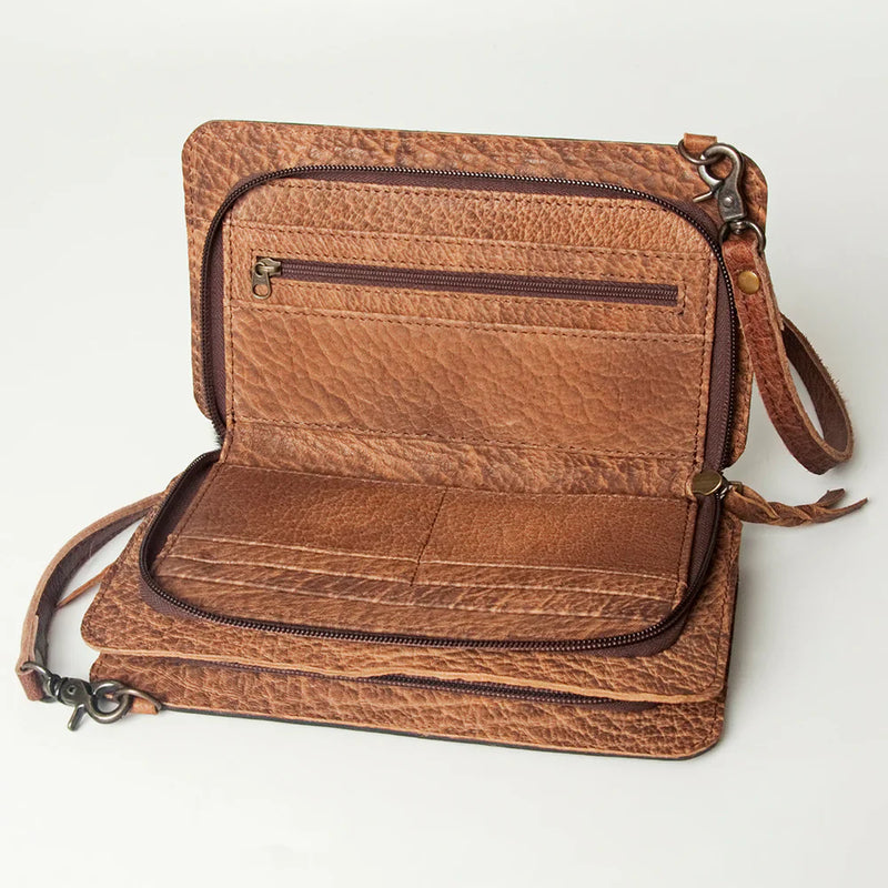 American Darling Crossbody Bag ADBG806 open full grain leather wallet with zippers and adjustable strap
