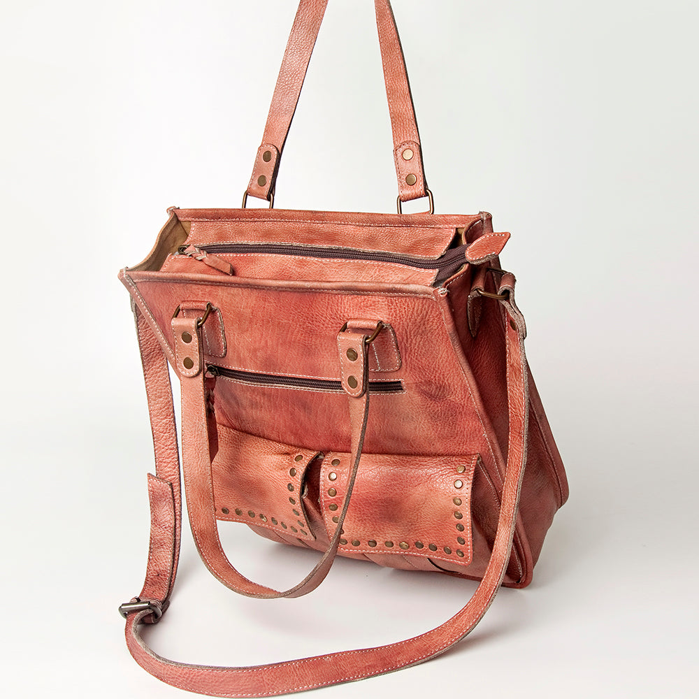 Premium full grain leather tote NMBG111E with adjustable strap and antique metal fittings.