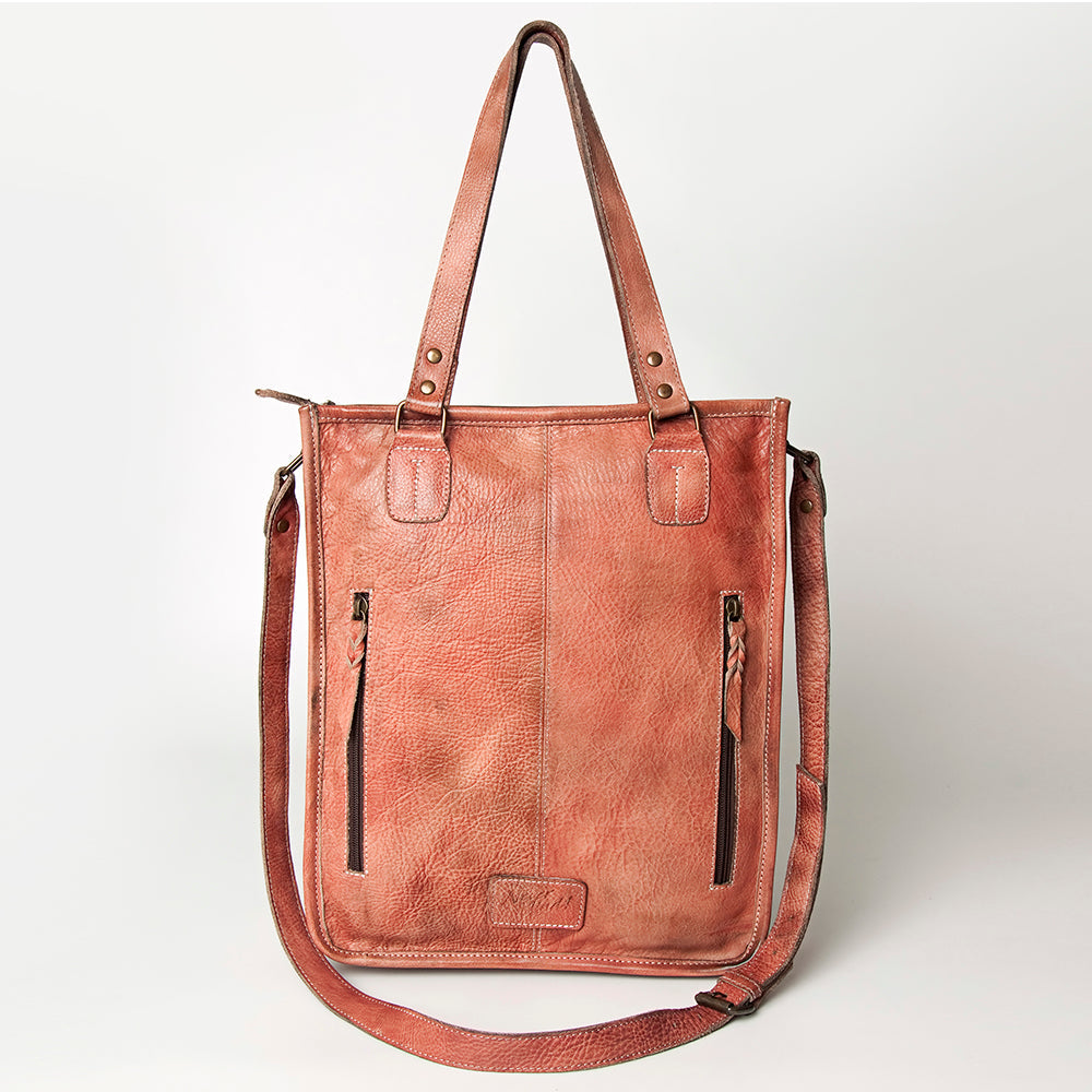Mind Tote NMBG111E, leather tote bag with dual handles and front zippers.