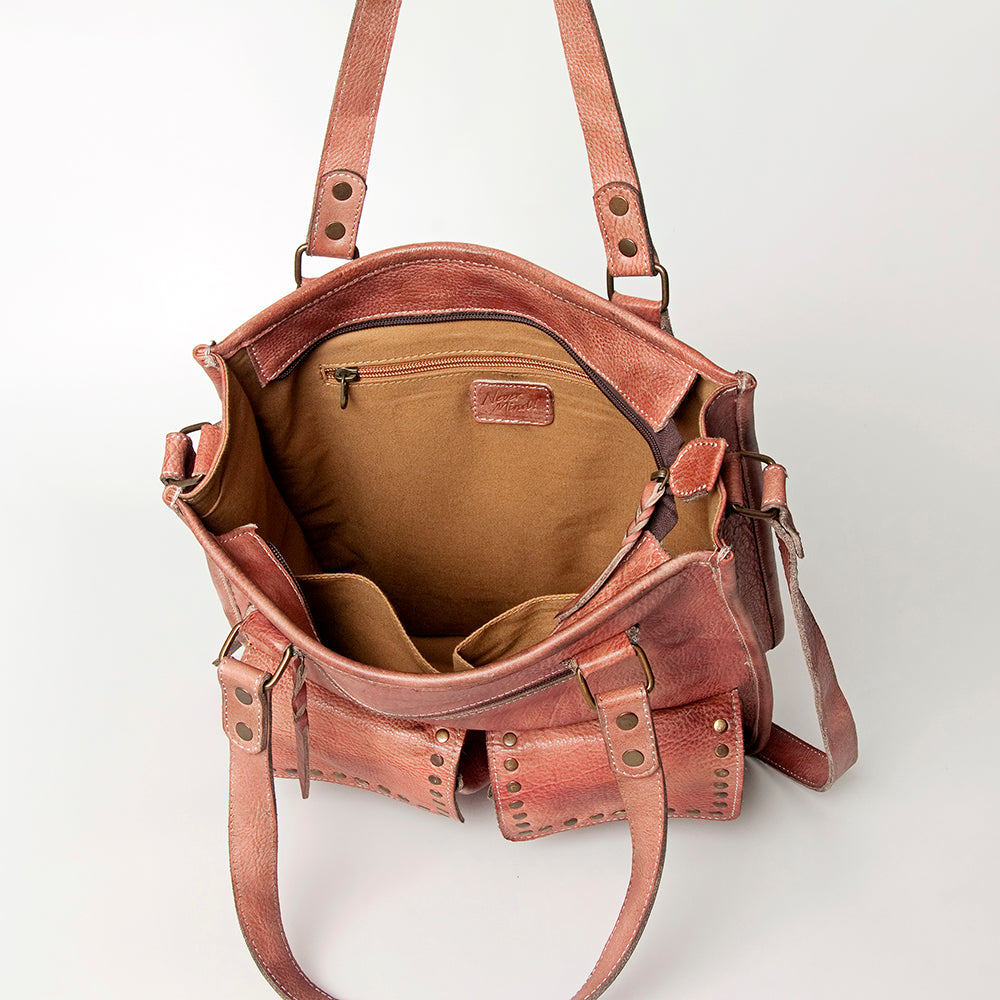 Mind Tote NMBG111E open view showing interior pockets and leather design.