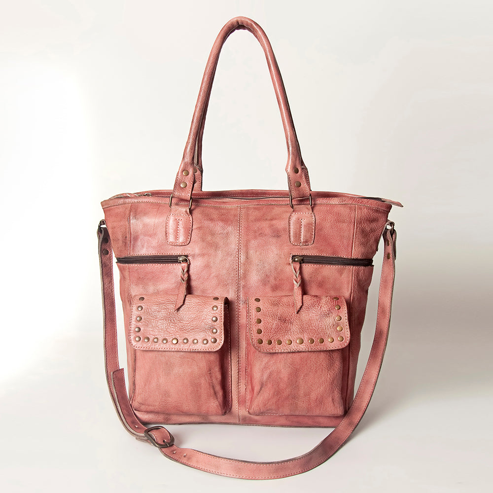 Premium full grain leather Mind Tote NMBG124A with adjustable shoulder strap, YKK zipper, antique metal fittings, and decorative rivets in dusty pink.