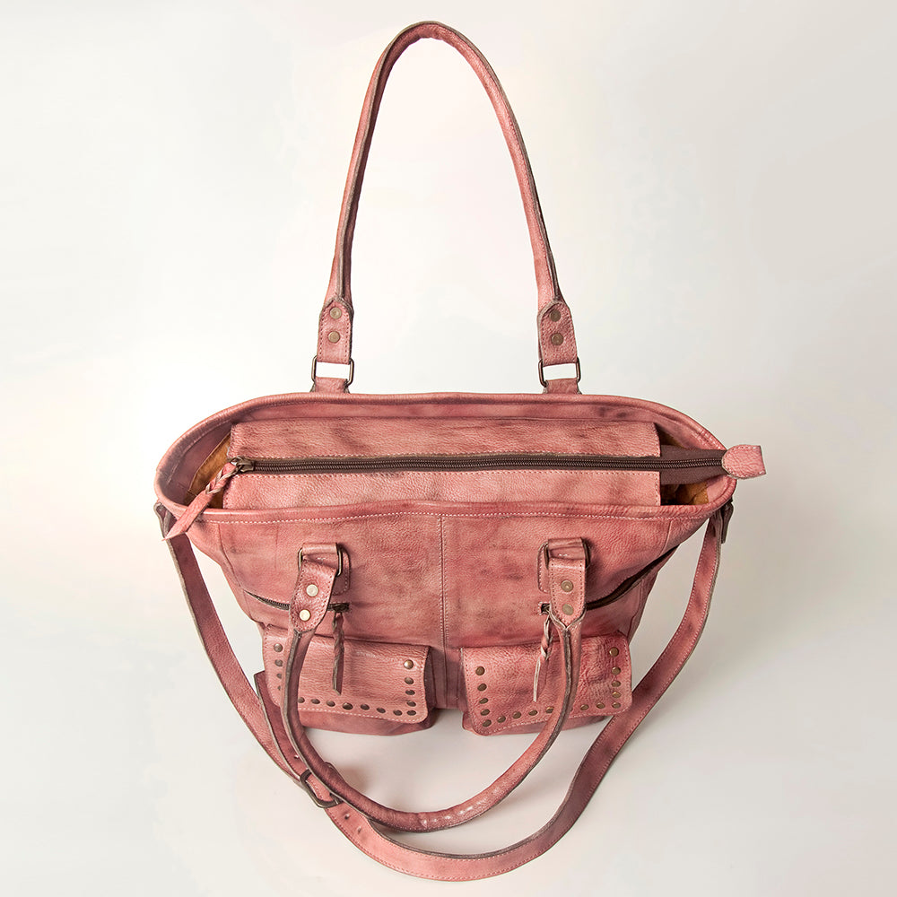 Premium full grain leather Mind Tote NMBG124A with adjustable shoulder strap, antique metal fittings, YKK zipper, and decorative rivets, 15x13x6 inches.