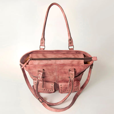 Premium full grain leather Mind Tote NMBG124A with adjustable shoulder strap, antique metal fittings, YKK zipper, and decorative rivets, 15x13x6 inches.