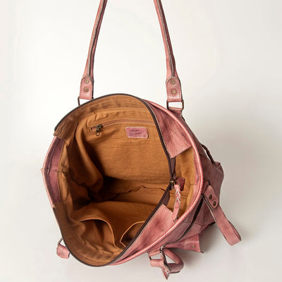 Open premium full grain leather Never Mind Tote NMBG124A with adjustable shoulder strap and antique metal fittings showing spacious interior compartments