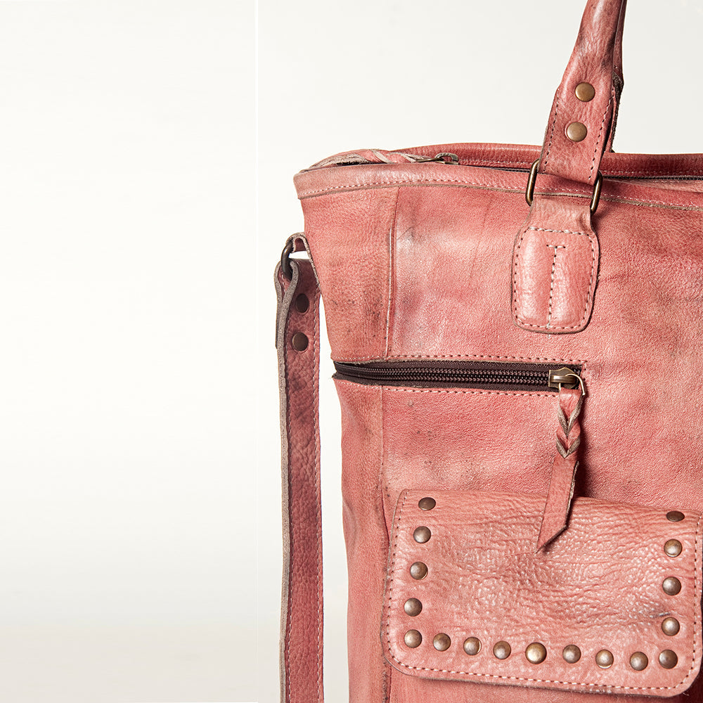 Premium full grain leather Never Mind Tote NMBG124A with adjustable strap, antique metal fittings, YKK zipper, and decorative rivets