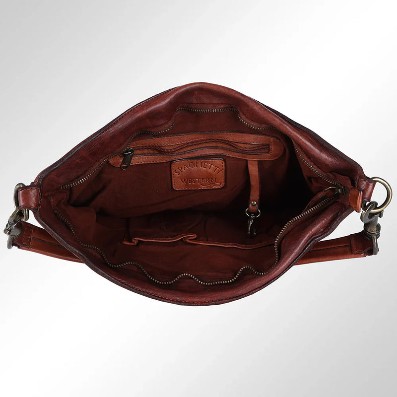 Interior view of Spaghetti Western Hobo Handbag SWC175CG showing premium leather, adjustable strap, and antique metal fittings