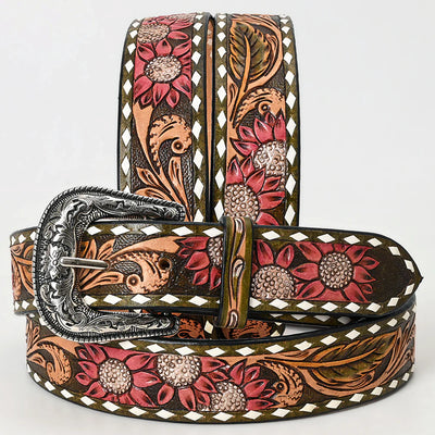 American Darling 32 inch belt, hand-tooled leather with floral design and antique metal buckle.