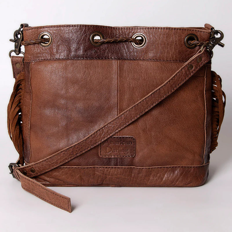 American Darling Bucket Bag ADBG836C brown full grain leather with western fringes and adjustable shoulder strap