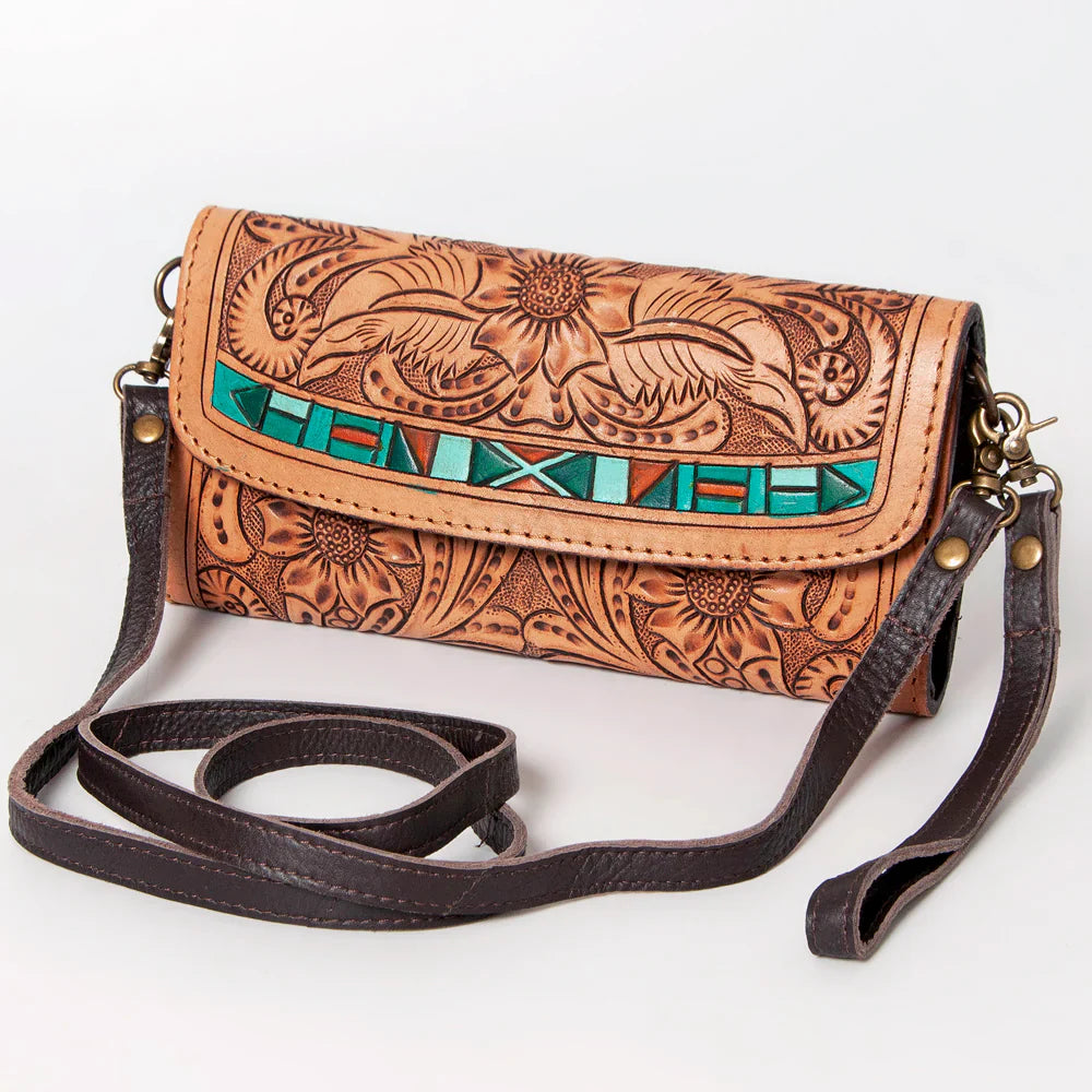 American Darling Wallet ADBGA247H hand-tooled leather crossbody with floral design and turquoise inlay