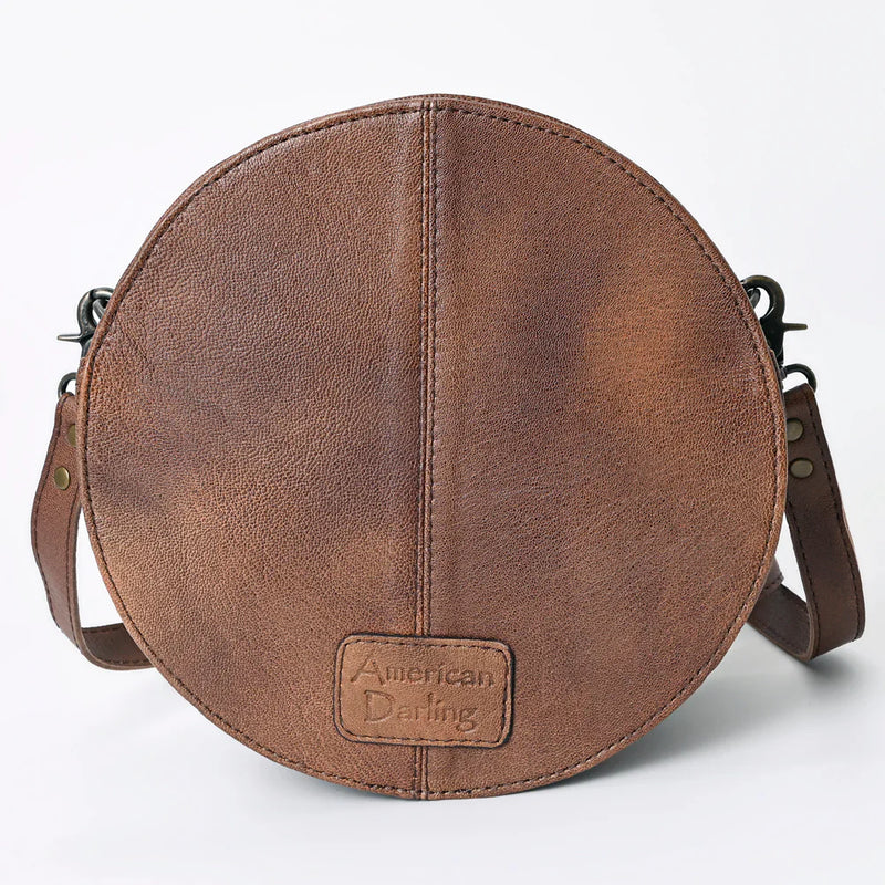 American Darling Canteen Bag ADBG839D round full grain leather crossbody bag with adjustable strap and hand-tooled finish