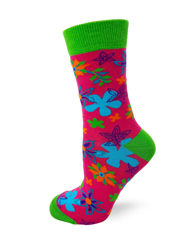 Colorful ladies crew sock with floral patterns and bold "I&