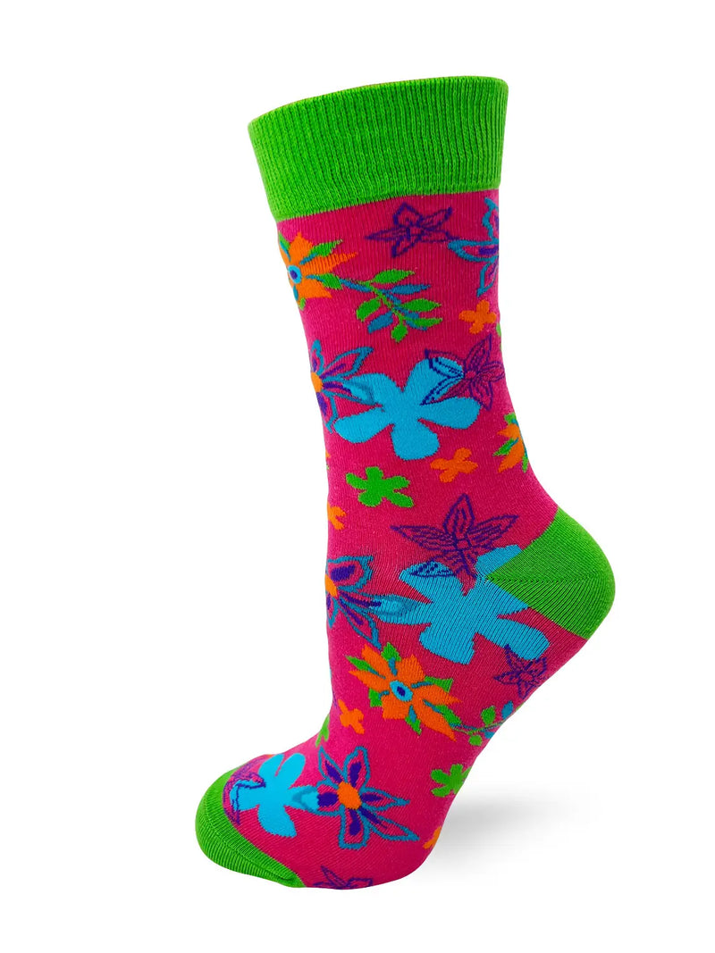 Colorful ladies crew sock with floral patterns and bold "I&
