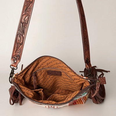 Open American Darling Shoulder Bag ADBGZ365A showing detailed leather strap and patterned fabric interior