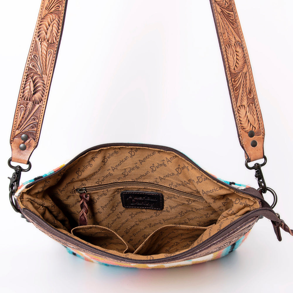 American Darling ADBGZ559A large crossbody messenger bag with hand-tooled leather strap, wool saddle blanket, leather fringes, and durable YKK zipper closure