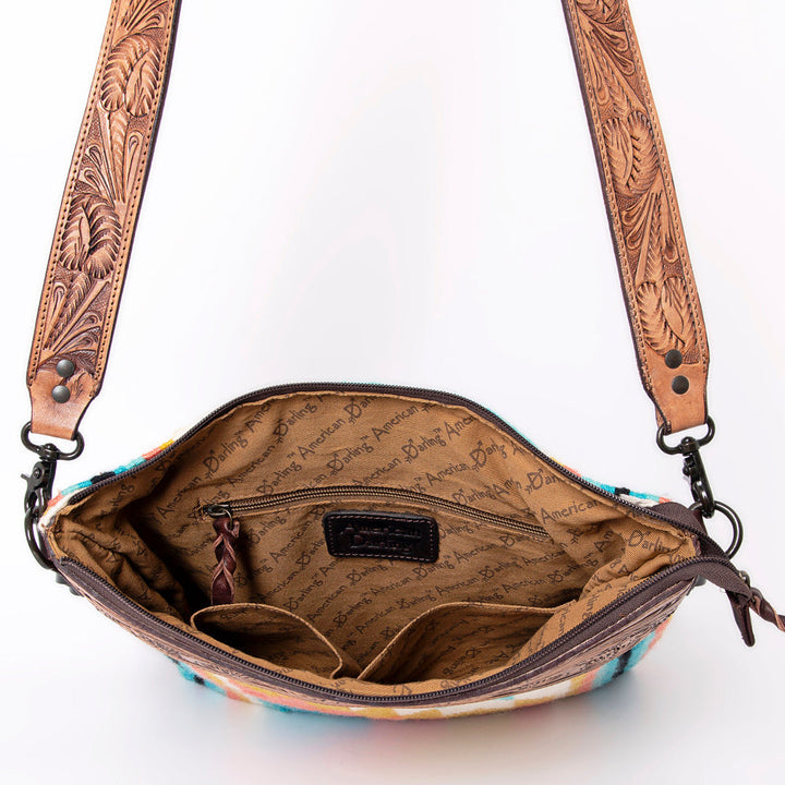 American Darling ADBGZ559A large crossbody messenger bag with hand-tooled leather strap, wool saddle blanket, leather fringes, and durable YKK zipper closure