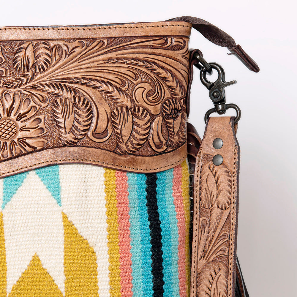 American Darling Large Crossbody Messenger Bag ADBGZ559A with hand-tooled leather and woven wool saddle blanket design