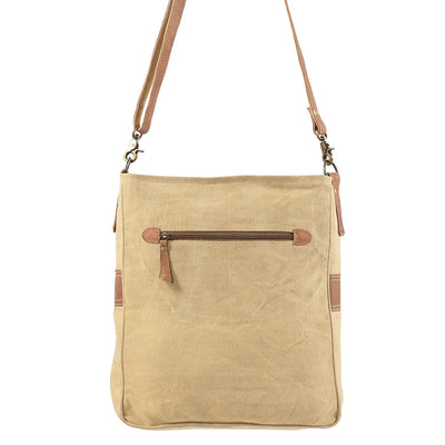 Ohlay Crossbody Bag KB188 with vintage print cotton canvas, genuine top grain leather, and adjustable strap.