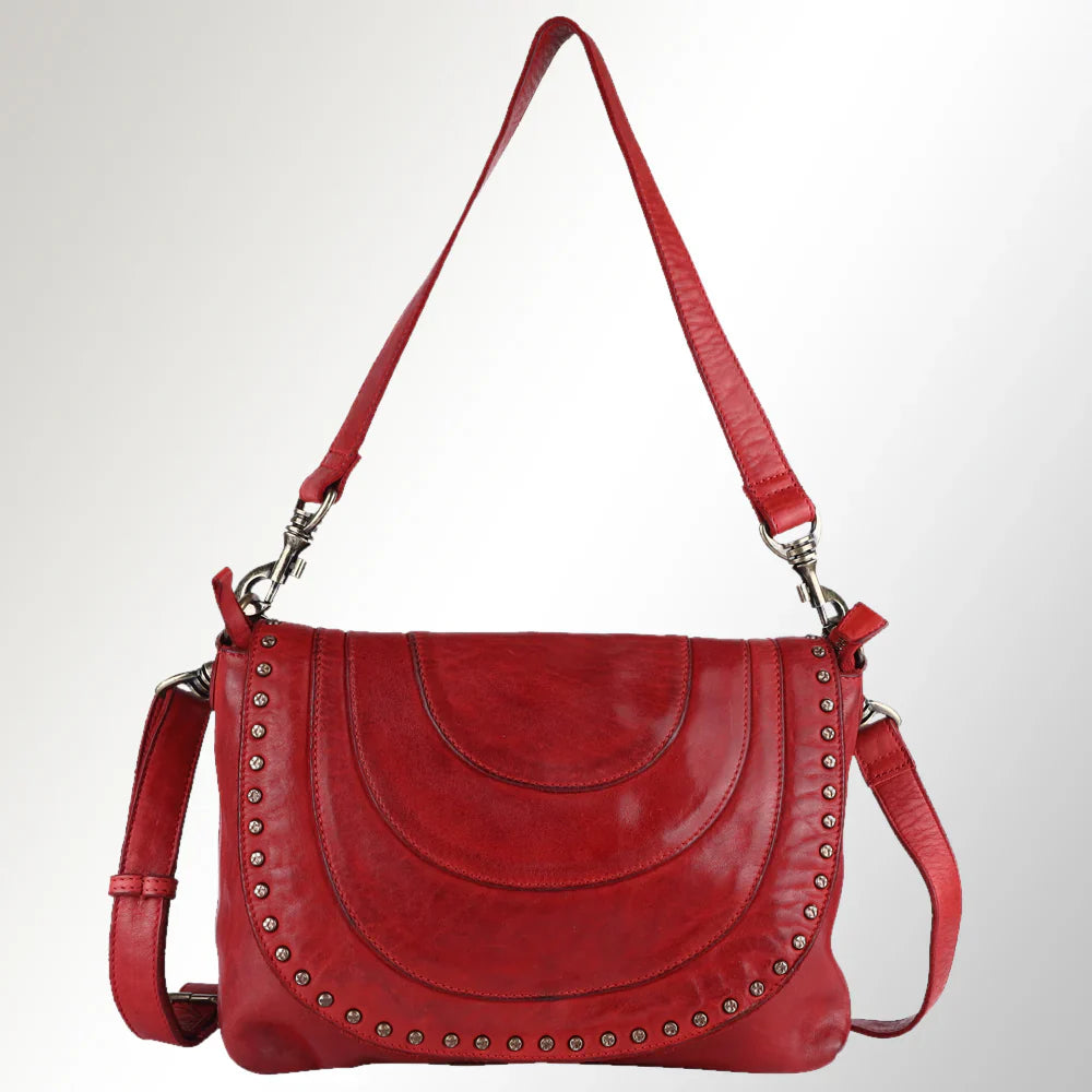 Spaghetti Western Tote Handbag SWC174RD in red full grain leather with adjustable strap and decorative rivets.